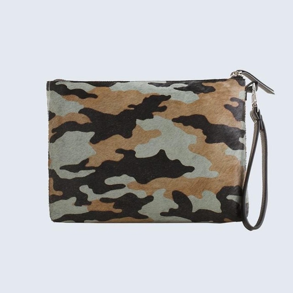 Chico cowhide calf fur leather camo wristlet pouch